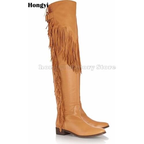 Fashion Winer Brown Black PU Leather Long Fringe Low Heeled Boots Women Pointed Toe Buckle Thigh High Boot