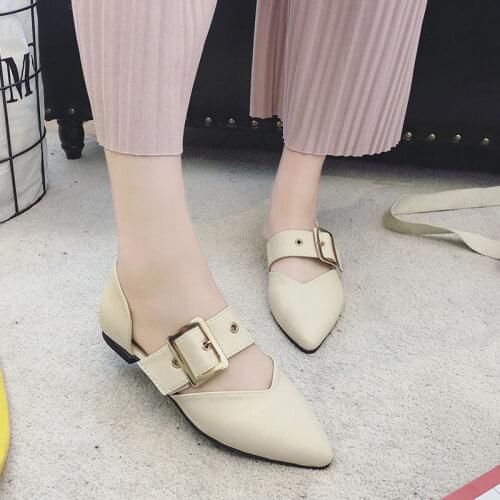 Women Pointed Toe Flats Shoes 2021 Ladies Summer Mules Slippers Vintage Cloesed Toe Rubber Soles Beige Sandals Women Low Heels
