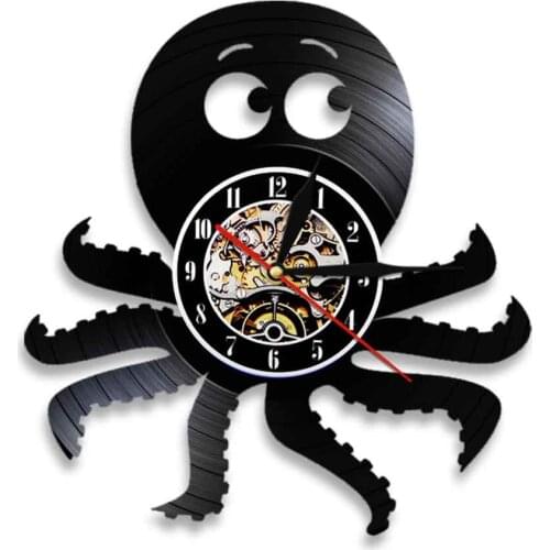 Octopus Vinyl Record Wall Clock Non-Ticking Modern Laser Cut Wall Art Hanging Watch Ocean Animals With Eight Arms Design Vintage
