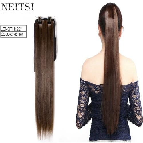 Neitsi 22'' Women Long Straight Real Natural Ponytail Clip in Pony tail Hair Extensions Wrap Around on Synthetic Hair Piece