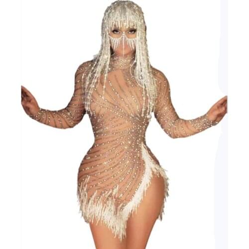 New Fashion Birthday Celebrate Long Sleeves Shiny Rhinestone Dress Beads Tassels Dress Dance Bar Singer Dress Crystal Outfit