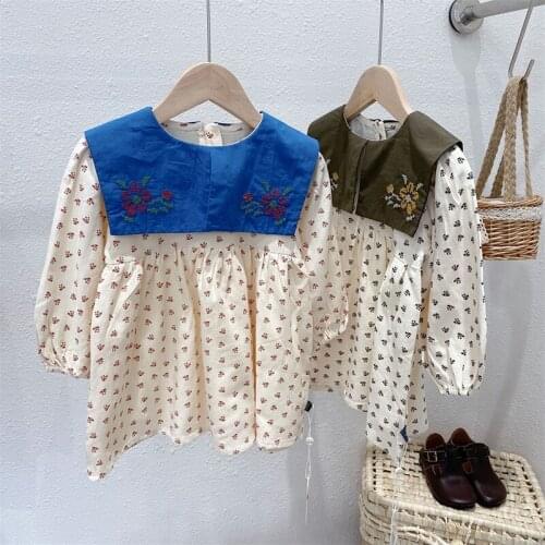 2021 Autumn New Kids Clothes Sailor Collar Dress Korean Girls One Piece Cotton Floral Outfits Casual Children Clothing