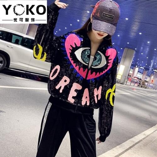 YOKO Spring and autumn new fashion letters sequins wild long-sleeved jacket cardigan shirt small coat baseball uniform female