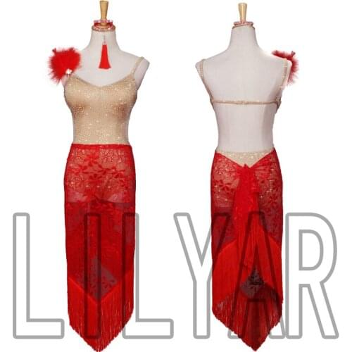New Latin Dance Costume competition costume show Costume Adult Red custom scarf and Jumpsuit