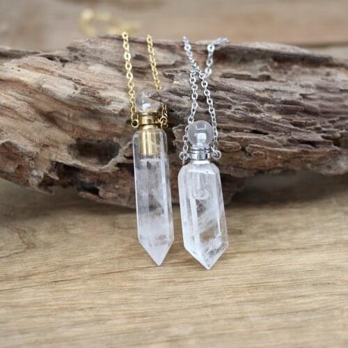 Natural White Quartz Point Perfume Bottle Pendant Necklace Healing Crystal Stick Essential Oil Vial Charms Women Jewelry QC1086