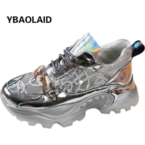 Sequined Mesh Metal Chain Trifle Sole Daddy Shoes 2021 Summer New Mesh Breathable Lace Thick-soled All-match Sports Casual Shoes