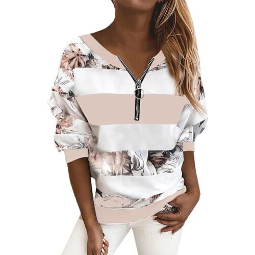 5xl Plus Size V-neck Womens Blouse Spring Striped Printing Fashion Shirts Women Casual Long Sleeve Zipper tunic tops haut femme