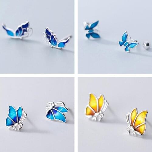 INZATT Real 925 Sterling Silver Blue Enamel Butterfly Stud Earrings For Fashion Women Party Cute Fine Jewelry Accessories