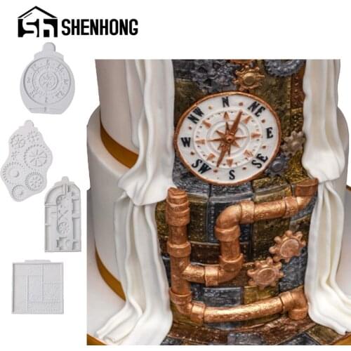 SHENHONG Silicone Fondant Moulds Compass Steampunk Cake Molds Dessert Border Decorating Tools Gumpaste Pastry Baking Tray