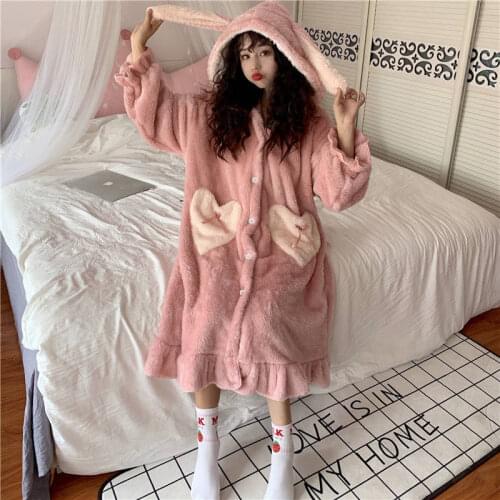 Japanese Kawaii Winter Nightgowns Women Rabbit Ears Pocket Soft Girl Plush Anime Homewear Femme Ruffles Sleepshirts Nightdress