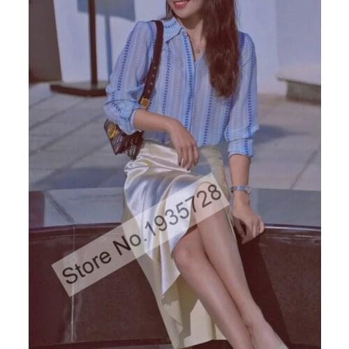 Ladies 100% Silk Contrast Printed Long Sleeve Lapel Blouse Shirt Top