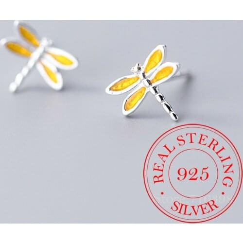 925 Sterling Silver Yellow Enamel Dragonfly Stud Earrings For Women Wedding Gift Female pendientes mujer moda