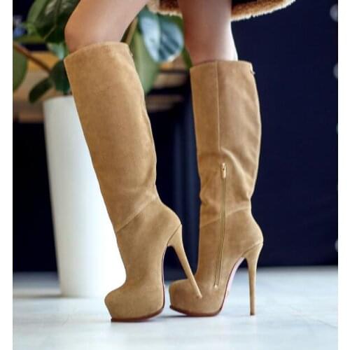 Moraima Snc High Quality Suede Platform High Heel Boots Sexy Thin Heels Knee High Boots Woman Winter Fashion Shoes