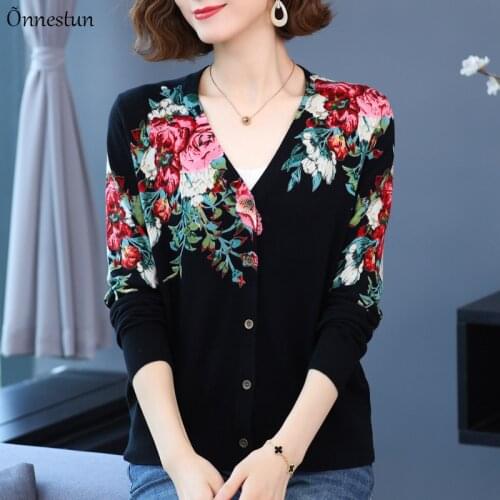 Floral Print Female Cardigan Autumn Spring Sweater Women Korean Fashion V Neck Feminine Coat Plus Size Soft Cardigan Women