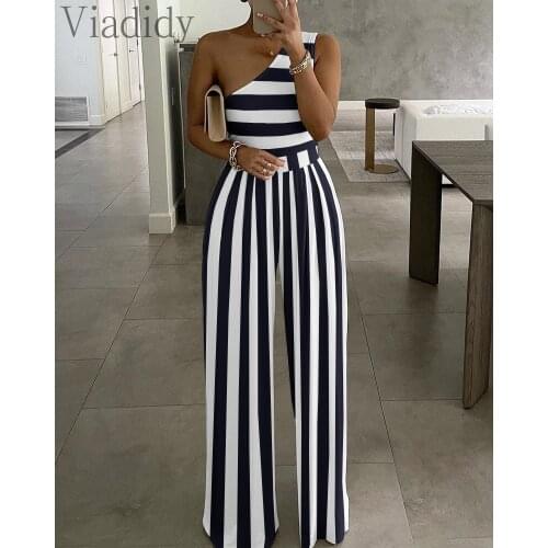 Women single shoulder stripes print high waist jumpsuit