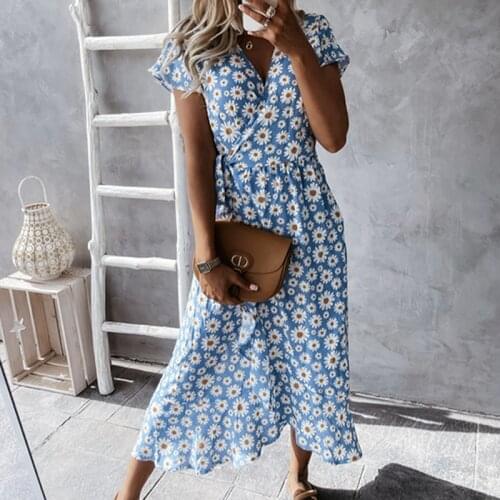 Summer Short Sleeve Loose Maxi Beach Dress 2XL Spring Retro Daisy Print Wrap Party Dress Women Casual Lace-up Belted Long Dress