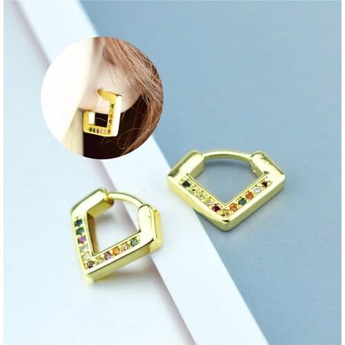Golden Fold Triangle Huggie Hoop Earring Rainbow Zircon Ear Ring Clip for Women Pendientes Geometric Fashion