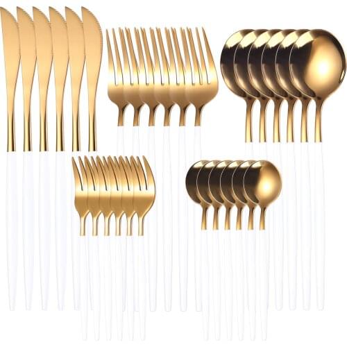 30pcs Gold Stainless Steel Dinnerware Set Steak Knife Fork Coffee Spoon Teaspoon Dishwasher Safe Flatware Kitchen Cutlery Set
