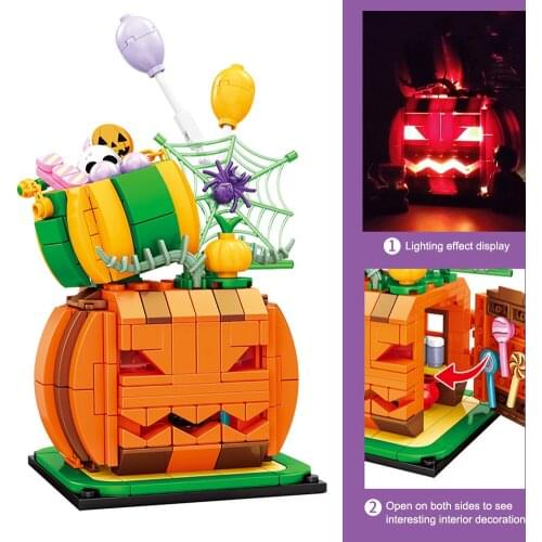 BZDA City Halloween props LED Pumpkin Street View Sets Model Building Blocks Halloween Ornaments Figures Toys Bricks Kids Toys