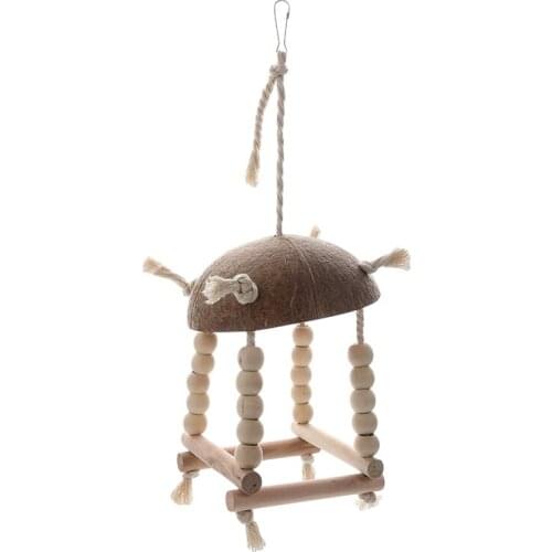Natural Coconut Shell Bird Nest House Hut Cage Feeder Pet Parrot With Hanging Lanyard Hanging Toy