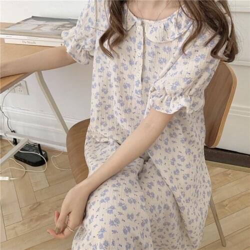 Cotton sleep dress women floral print sleepwear summer nightgowns sweet ruffles nightdress gauze breathable vestidos soft Y761