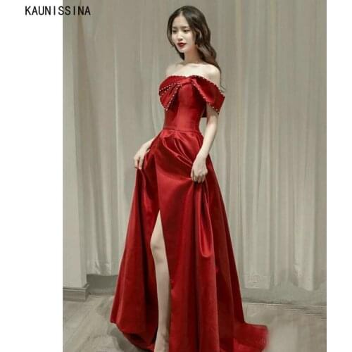 KAUNISSINA Evening Dress Plus Size Long Satin Party Dresses Vestido Women Off the Shoulder Sleeveless A-LINE Formal Evening Gown