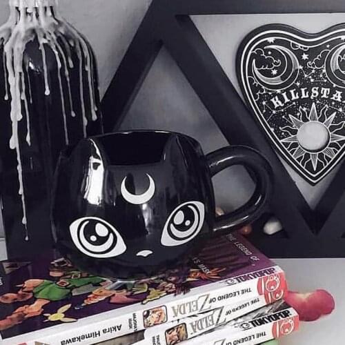 Witch Coffee Mug Crescent Moon Black Cat Ceramic Mug with Spoon and Tray Halloween Witchy Gothic Cup Novelty Tea Cup Goth Decor