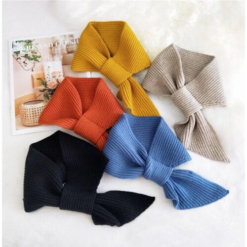 Korean Winter Woolen Knit Scarf Elastic Bow Cross Warm Scarf Soft False Collar Neck Female Solid Color Triangular Scarve