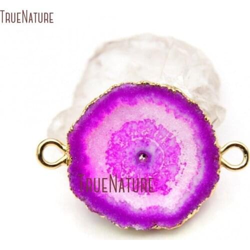 10Pcs Fushia Round Druzy Connector Stalactite Quartz Hot Pink Solar Quartz SliceTwo Bails Electroplated Gold Pendant PC19392