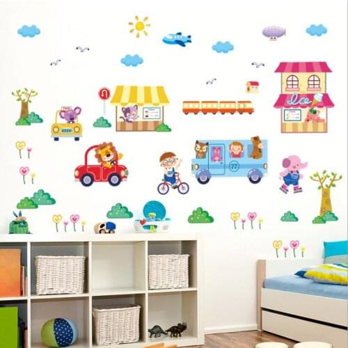 Cartoon Car Bus taxi Kids Room Wall Sticker Animal Wall Stickers For Kids Rooms Girls Bedroom Wall Decal Baby Nursery Art Mural