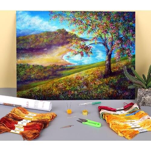 Natural Scenery Beach View Printed Water-Soluble Canvas 11CT Cross Stitch Complete Kit DIY Embroidery DMC Threads Gift