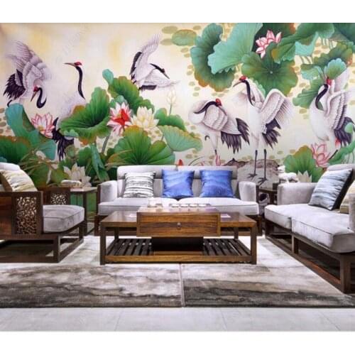 Papel de parede Chinese style painting lotus and crane 3d wallpaper,living room bedroom wall papers home decor restaurant mural