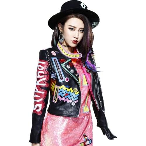 Autumn Winter for Women Tops Fashion Female Graffiti PU Faux Leather rivet motorcycle jacket Coat Ladies Outerwear