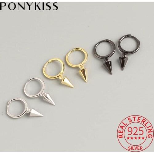 PONYKISS 100% 925 Sterling Silver Conical Pendant Hoop Earrings Punk Fashion Geometric Earrings Accessory Women Party Chic Gift