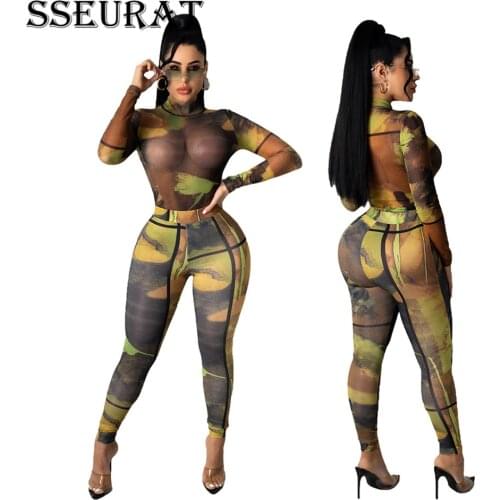 SSEURAT Women Set Fashion Mesh Printed Splicing 2 Piece Set Sexy Tracksuit Matching Set