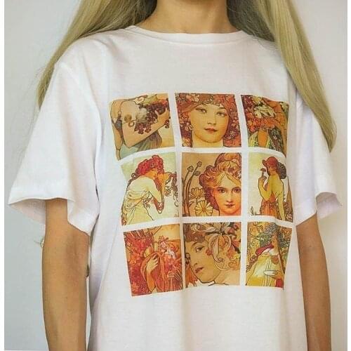 Sunfiz YF Alphonse Mucha Art Print Tshirt Summer Fashion Unisex Top Short Sleeve Cotton T shirt