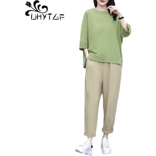 UHYTGF Trouser Suits Womens Fashion O Neck T-Shirt +Casual Pants Spring Summer Two-Piece Set Female 4XL Plus Size Tracksuit 1604