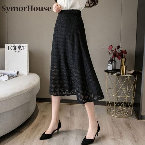 Summer Women Chiffon Skirts Vintage High Waist Apricot Black Chic Long A-line jacquard Skirt for Girls Autumn