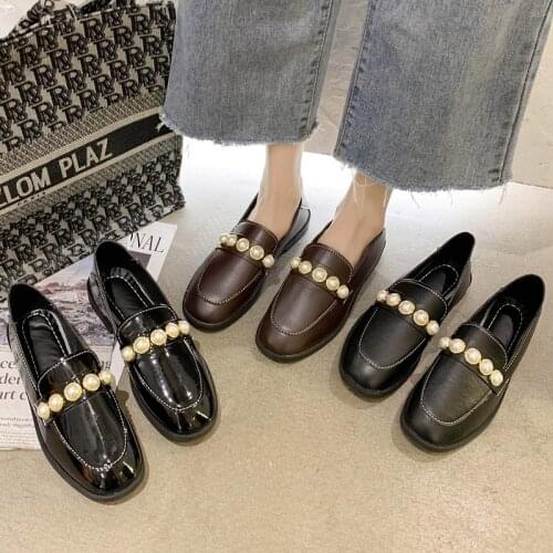 2020 Autumn Women Flats Square Toe Slip on Shoe Pearls Loafers Casual Shoes String Bead Ladies Boat Shoes zapatos mujer 8864L