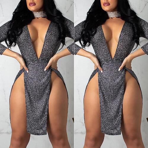 Skirts 2019 Spring Women Long Sleeve Deep V-Neck Bodycon Sexy Ladies Sequin Evening Club Short Mini Skirts