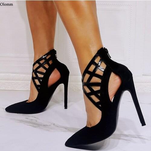 Olomm New Faux Suede Women Pumps Hollow Out Back Zipper Stiletto Heel Pointed Toe Elegant Black Dress Shoes Women US Size 5-15