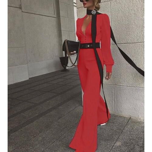 2020 New Style Elegant Women Plus Size Sexy Wrap V Neck Long Sleeve Jumpsuits Wide Leg Long Rompers Red