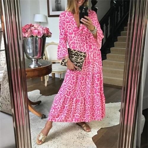Summer Leopard Dresses Women Boho Beach Cover Up Maxi Dress Plus Size Bell Sleeve Flowy Swing Shift V-Neck Loose Long Sundress