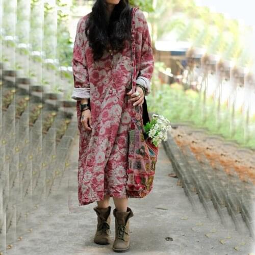 Women 2021 Autumn Long-sleeved Vintage Floral Print Cotton Linen Loose Dress Retro Loose Robes Dress Casual Dress