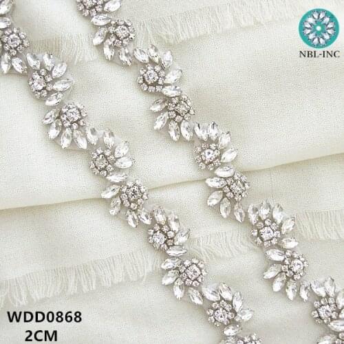 10 yards) Wholesale bridal hand beaded sewing silver crystal rhinestone applique trim for wedding dress WDD0868