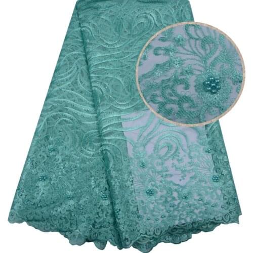 2018 Embroidery Mesh Tulle Lace Fabric 5 Yards Teal Color Beaded African Lace Fabrics Wholesale For Nigerian Wedding Party 1094