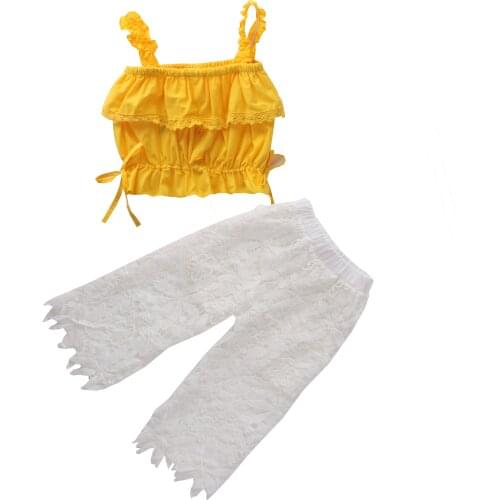 2020 Baby Summer Clothing Toddler Baby Girls Straps Outfits Ruffle Tube Crop Top + Hollow Lace Long Pant Clothes Set