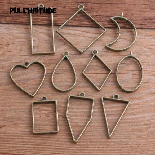 6pcs/lot 14 Styles Antique Green Color Alloy Jewelry Accessories Geometry Charm Hollow Glue Blank Pendant Tray Bezel