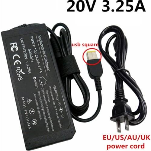 20V 3.25A USB Square Connector AC Power Adapter Supply Adaptor Laptop Charger for Lenovo EU US UK AU Plug G400 G500 G505 G405
