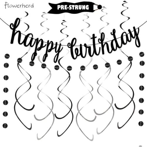 Black Happy Birthday Banner Decoration Kit with Black Silver Hanging Swirls for Birthday Baby Shower Party Decoration Pre-Strung